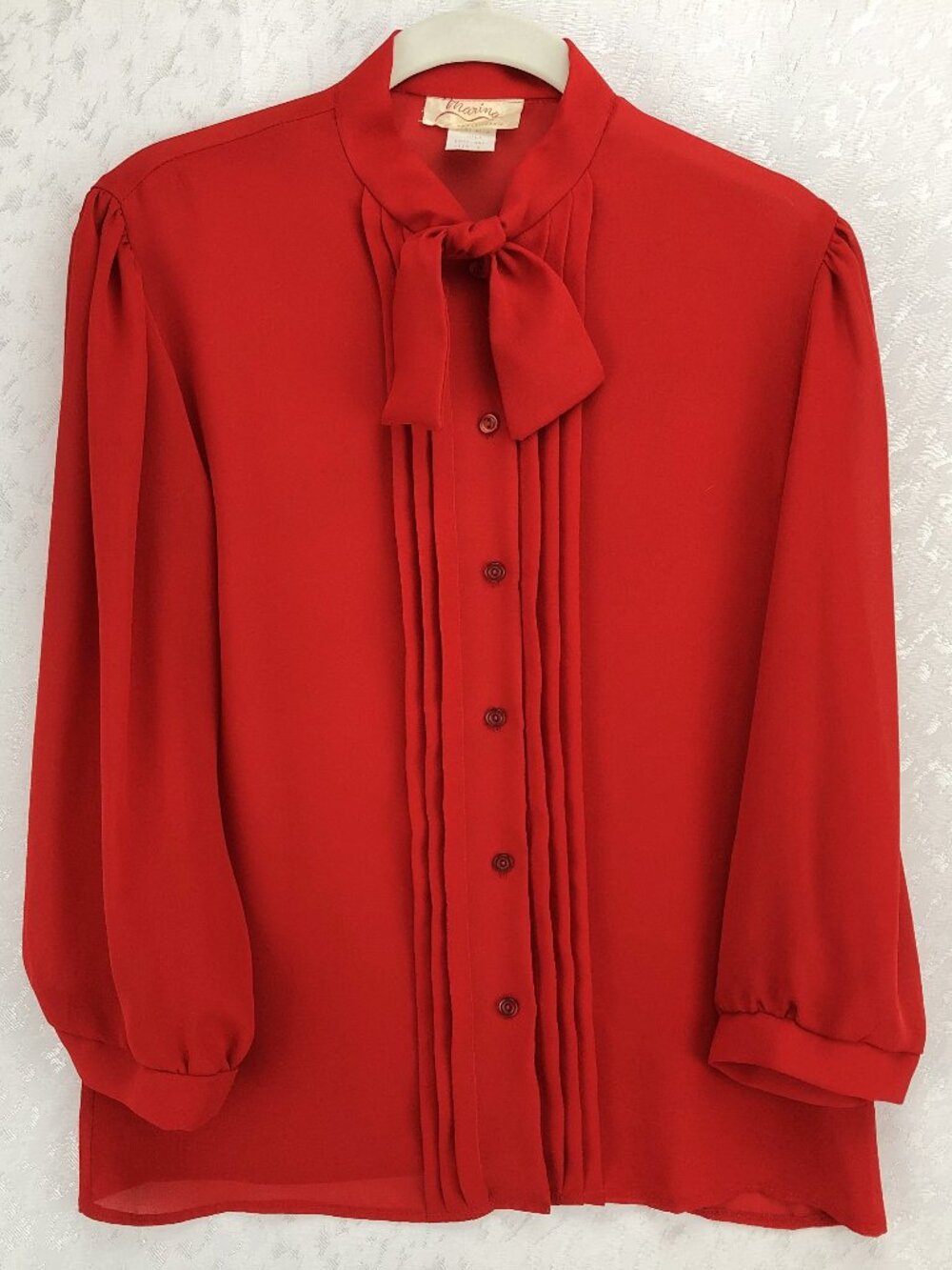 Marina Vintage 70s Retro Chic Sheer Red Blouse w/ Bow Tie & Pleated Front Size M